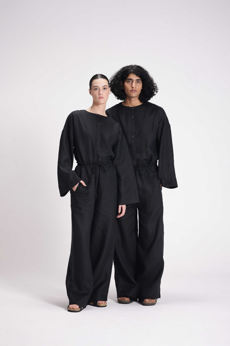 Linen Tunic and Pants Co-ord Set by Turn Black in black color for women Worldwide