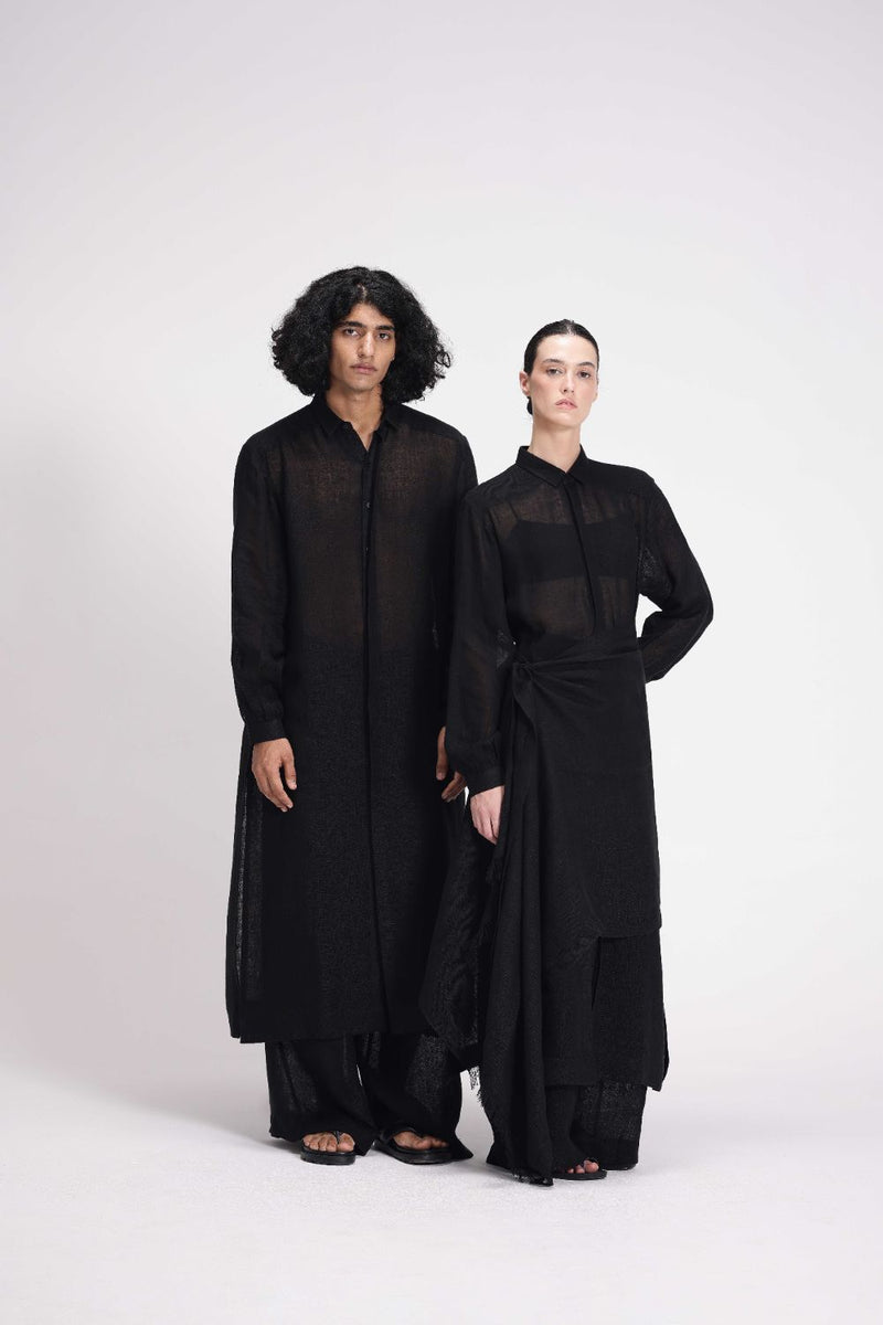 Sheer Shirt Dress and Pants Co-ord Set linen by Turn Black in black color for women Worldwide