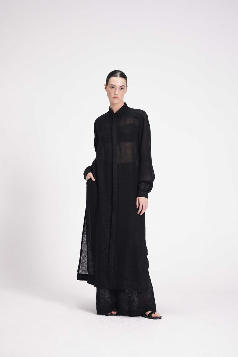 Sheer Shirt Dress and Pants Co-ord Set linen by Turn Black in black color for women Worldwide
