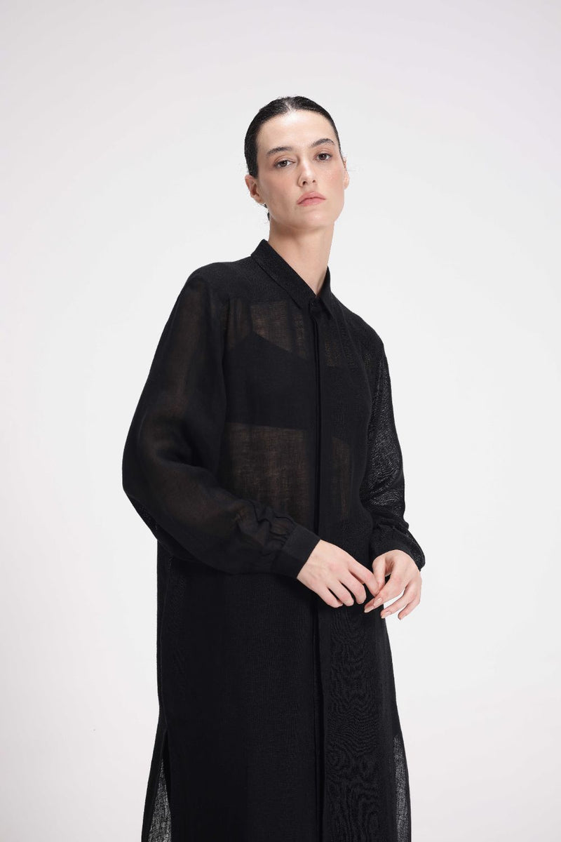 Sheer Shirt Dress and Pants Co-ord Set linen by Turn Black in black color for women Worldwide