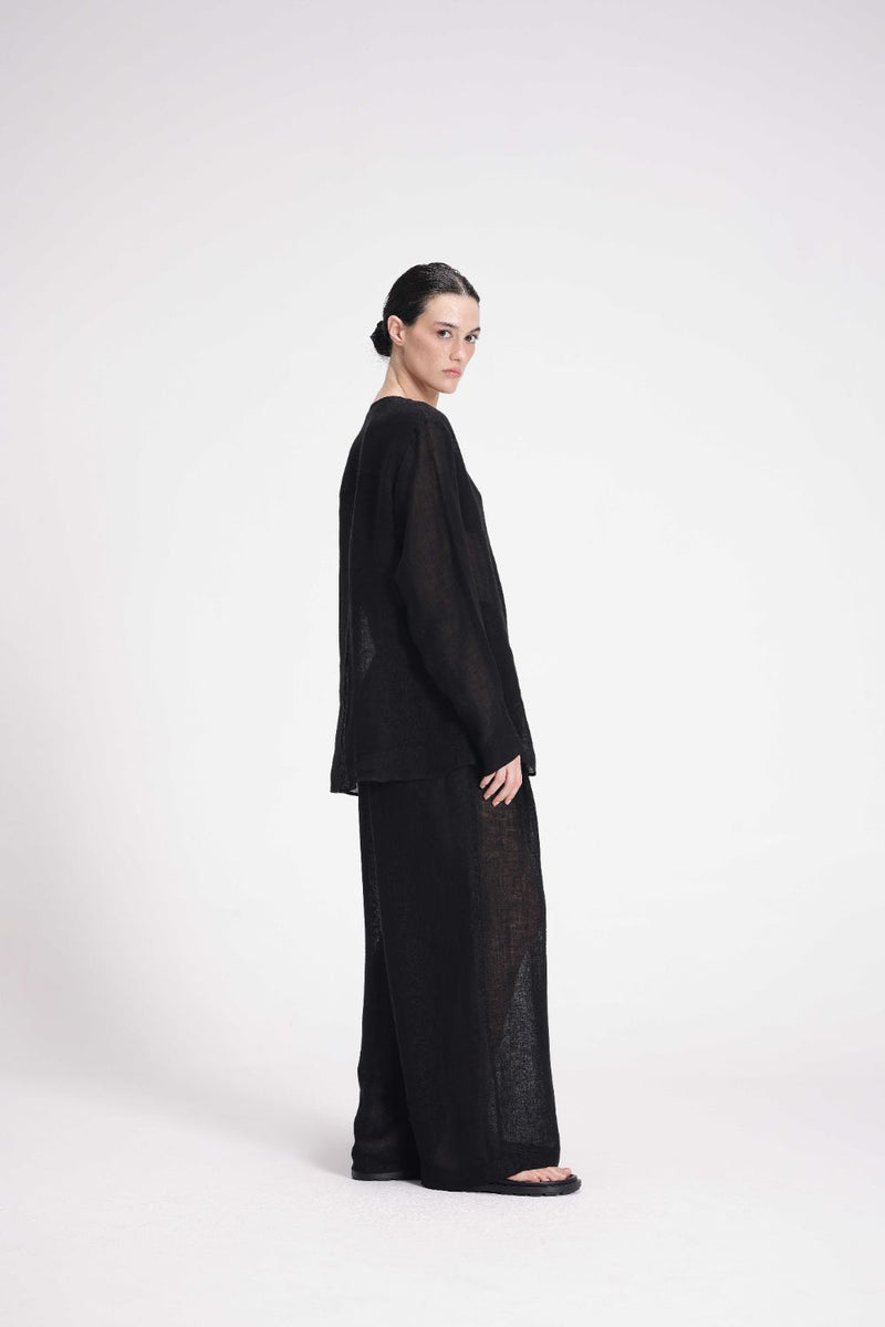 Sheer Shirt Dress and Pants Co-ord Set linen by Turn Black in black color for women Worldwide