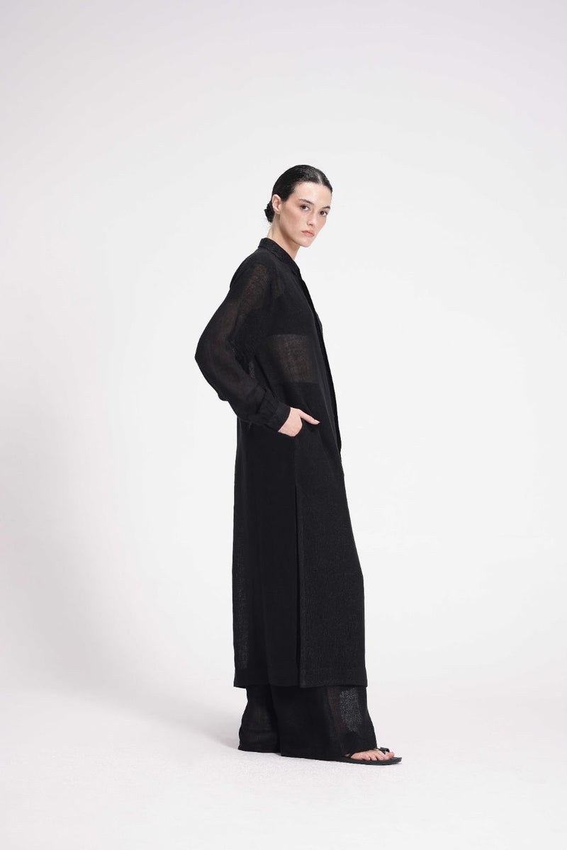 Sheer Shirt Dress and Pants Co-ord Set linen by Turn Black in black color for women Worldwide