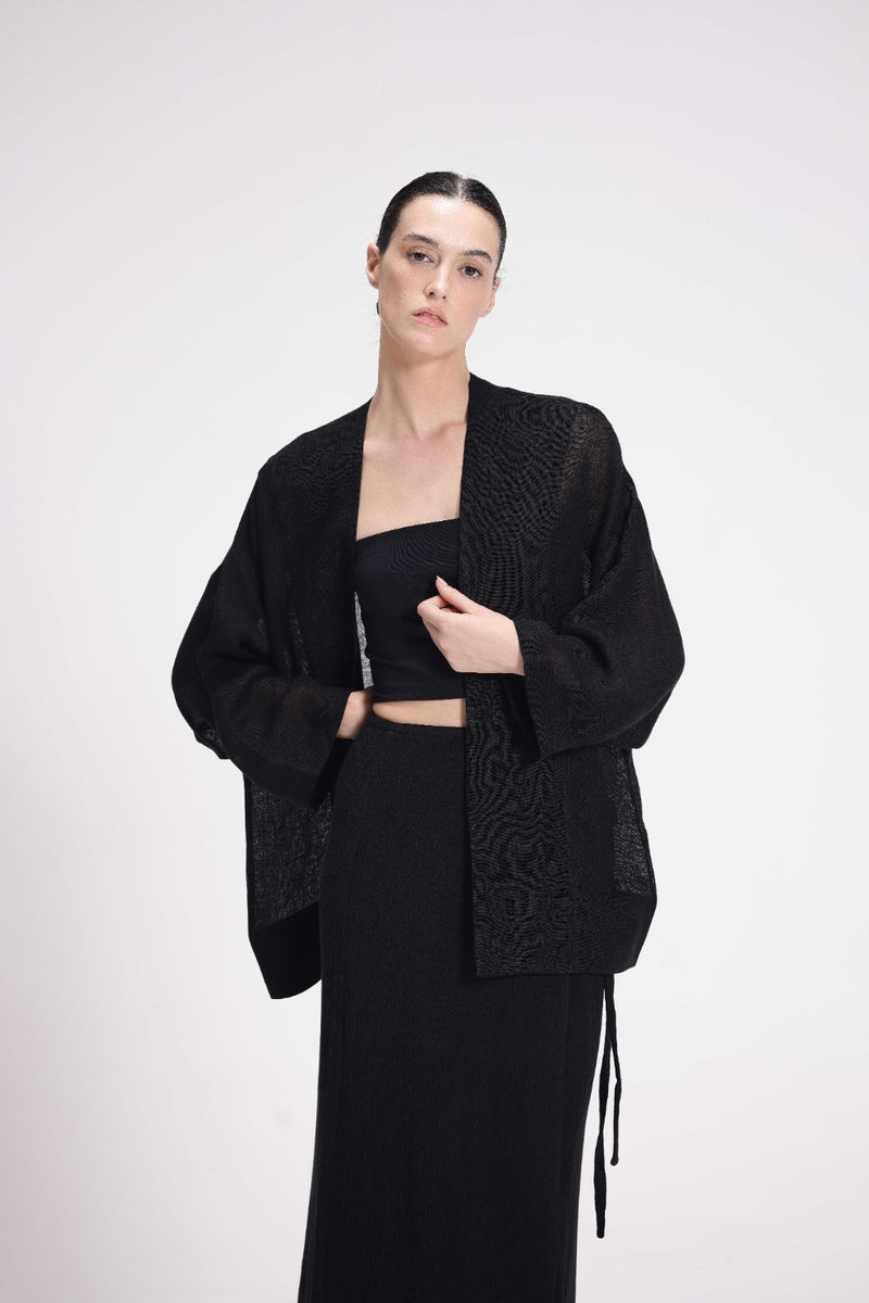 Sheer Patchwork Overlay linen by Turn Black in black color for women Worldwide