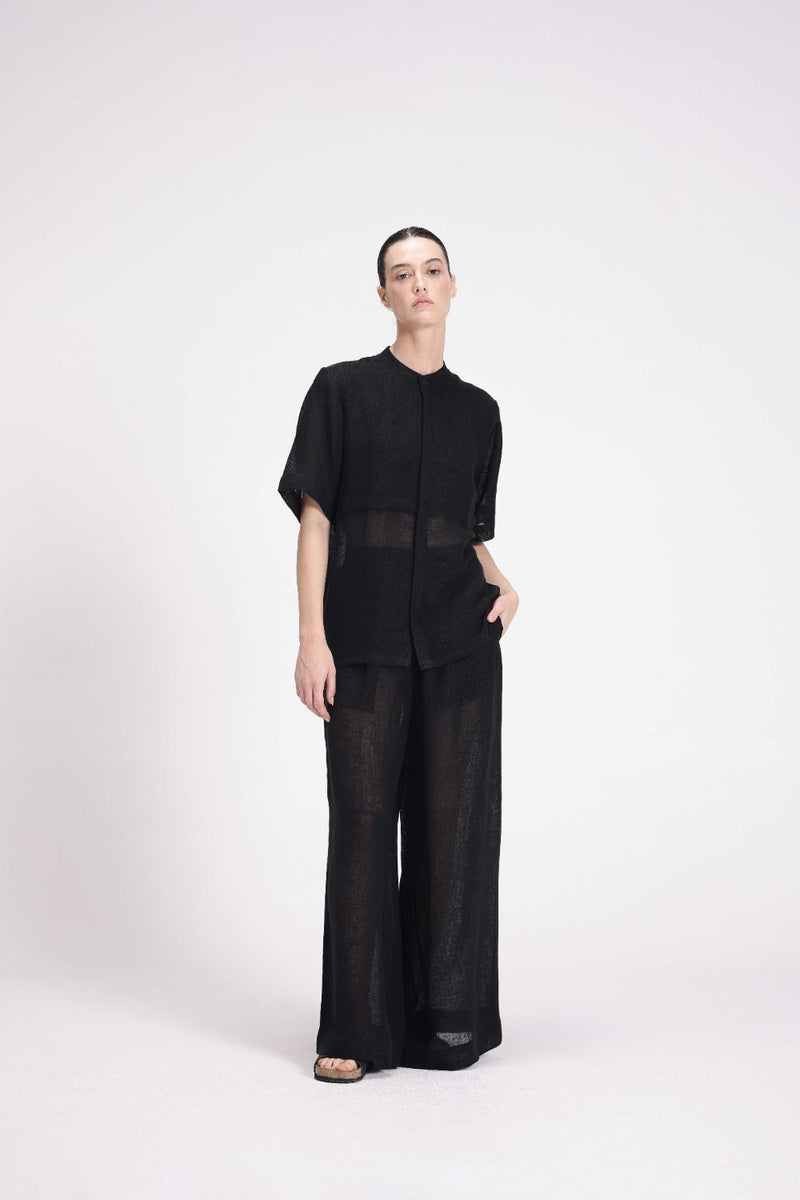 Sheer Elasticated Pants linen by Turn Black in black color for women Worldwide