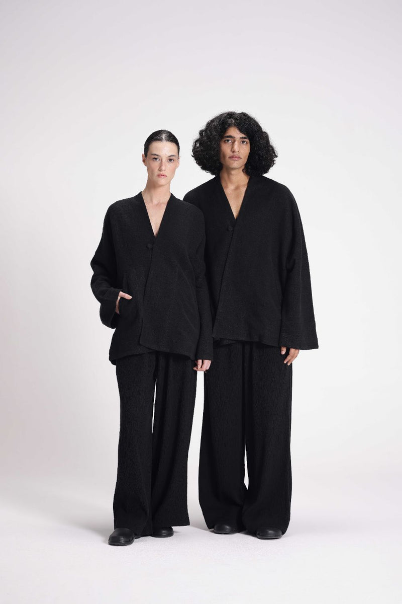Chenille Overlap Jacket linen by Turn Black in black color for women Worldwide