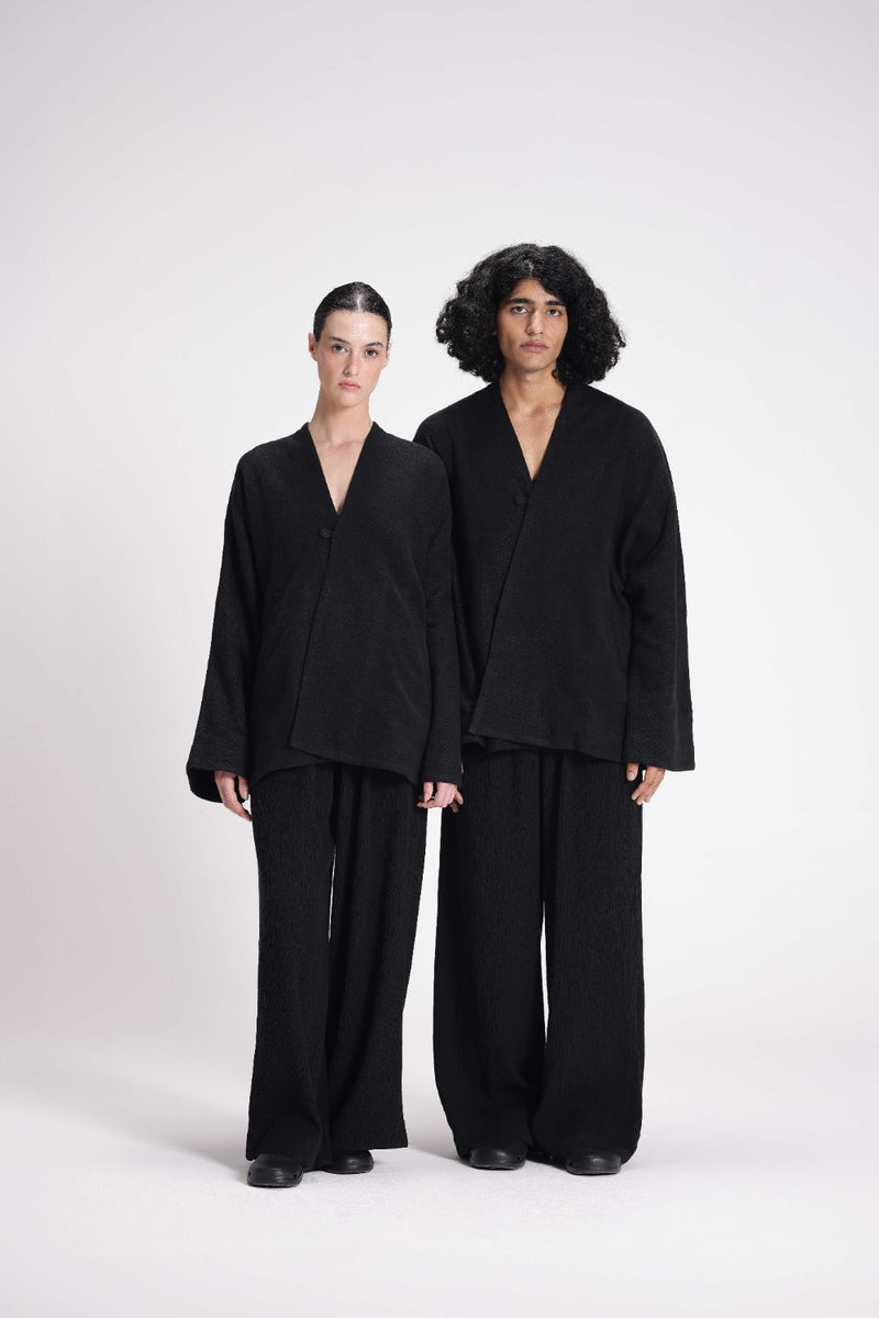 Chenille Overlap Jacket linen by Turn Black in black color for women Worldwide