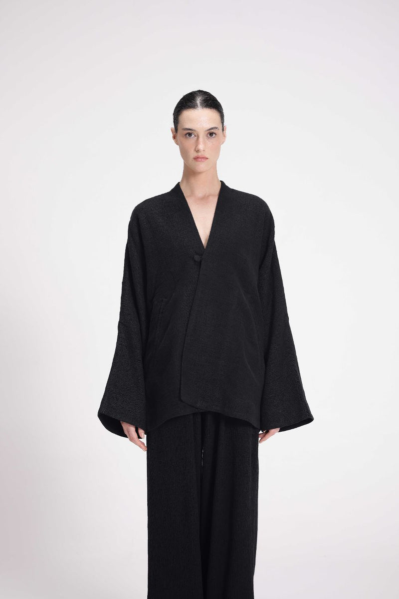Chenille Overlap Jacket linen by Turn Black in black color for women Worldwide