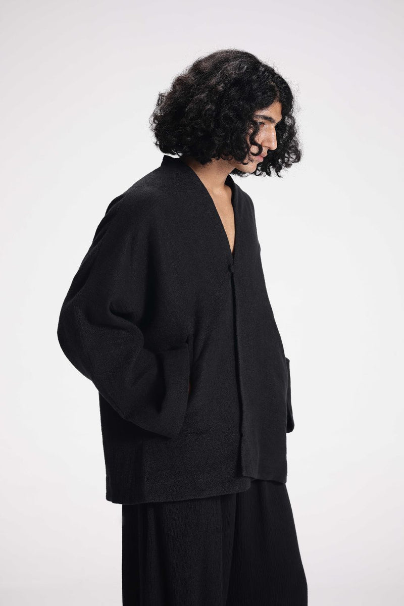Chenille Overlap Jacket linen by Turn Black in black color for women Worldwide