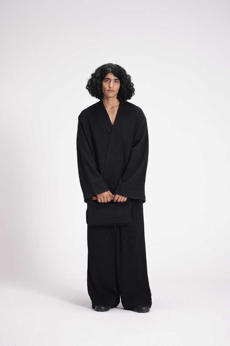 Chenille Overlap Jacket linen by Turn Black in black color for women Worldwide