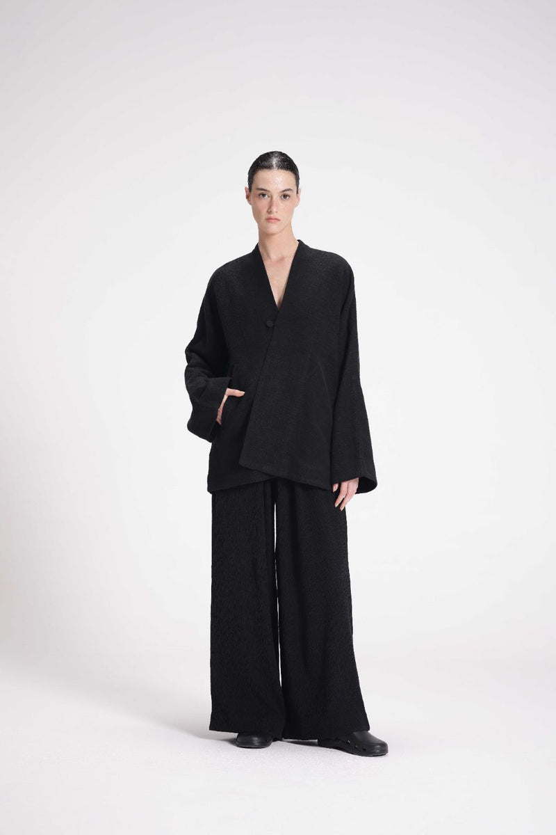 Chenille Overlap Jacket linen by Turn Black in black color for women Worldwide