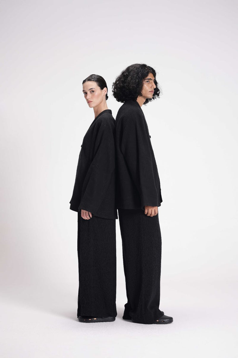 Chenille Overlap Jacket linen by Turn Black in black color for women Worldwide