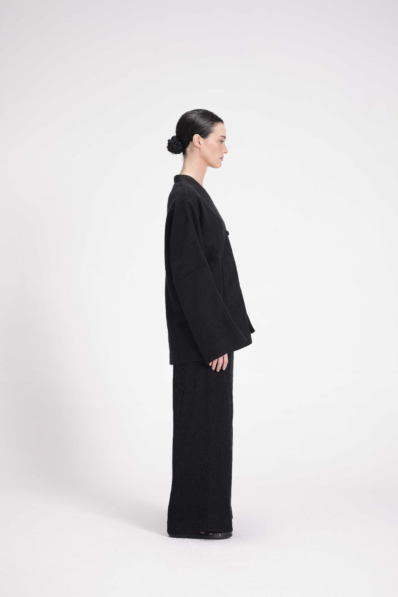 Chenille Overlap Jacket linen by Turn Black in black color for women Worldwide