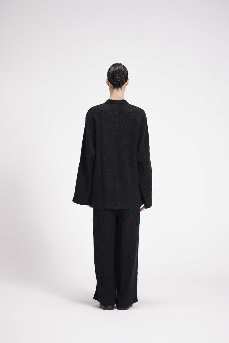 Chenille Overlap Jacket linen by Turn Black in black color for women Worldwide