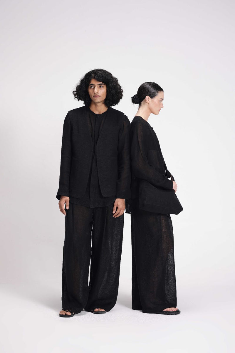 Sheer Pleated Pants linen by Turn Black in black color for women Worldwide