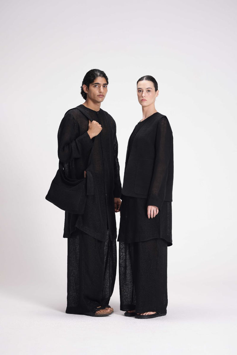 Sheer Tunic and Pant Co-ord Set linen by Turn Black in black color for women Worldwide