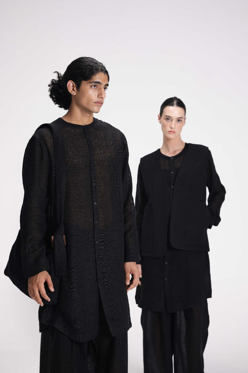 Sheer Tunic and Pant Co-ord Set linen by Turn Black in black color for women Worldwide