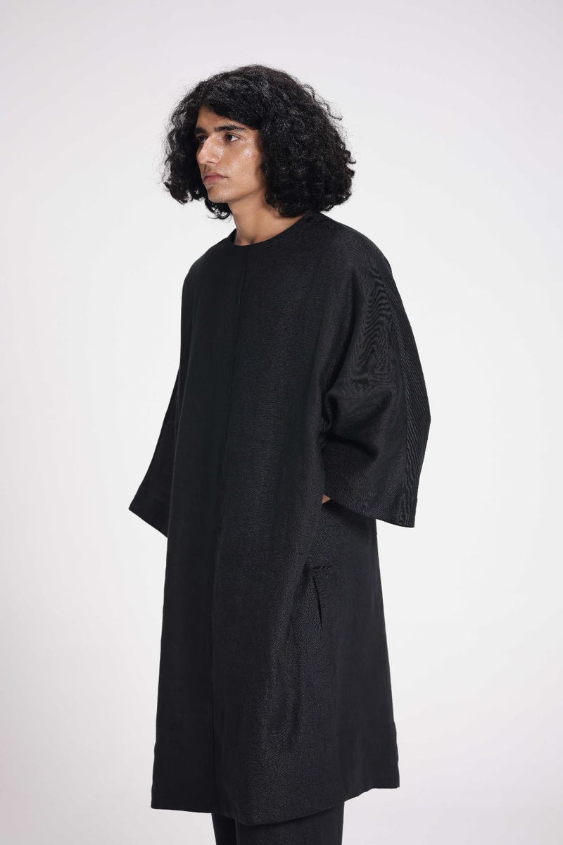 Half Sleeves Linen Kurta linen by Turn Black in black color for women Worldwide