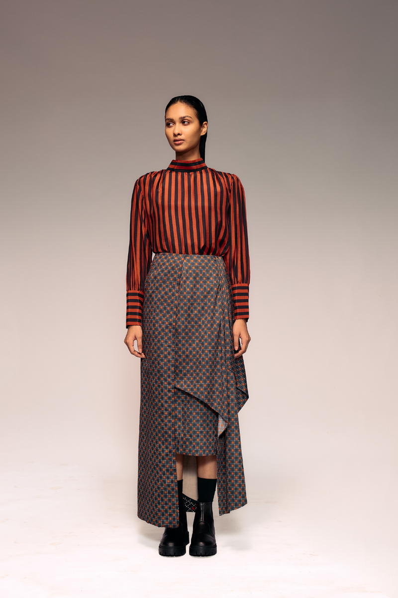 Rust Black Stripe High Neck Top silk by Kritika Murarka in rust color for women Worldwide