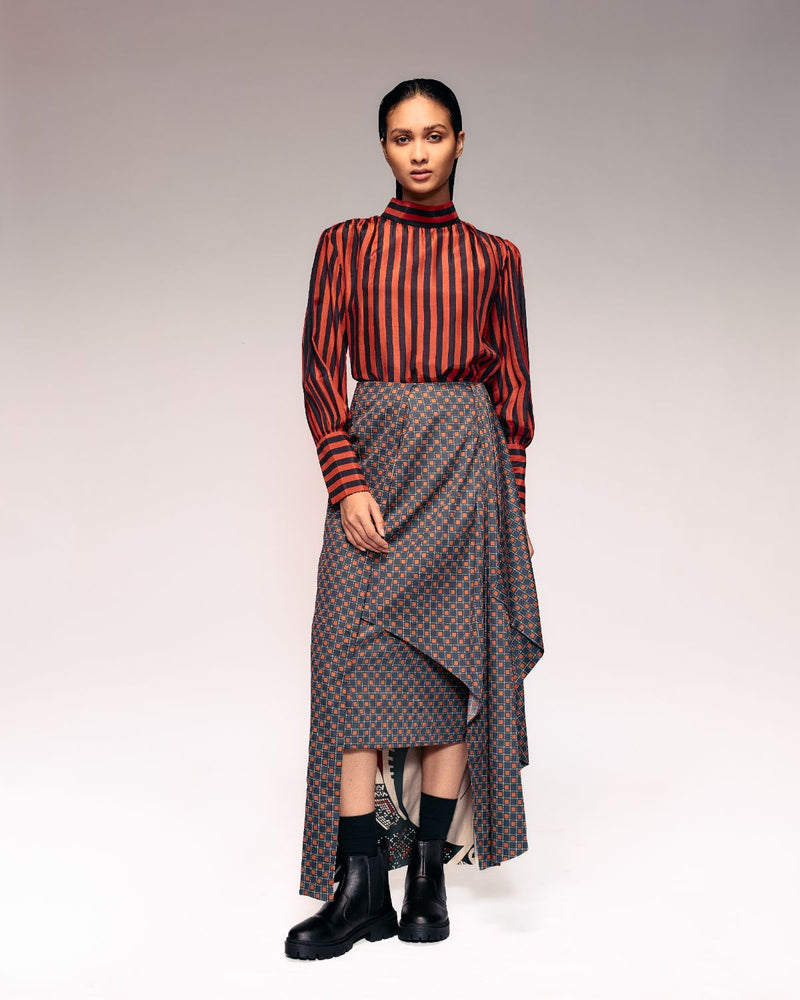 Rust Black Check Drape Skirt cotton by Kritika Murarka in rust color for women Worldwide