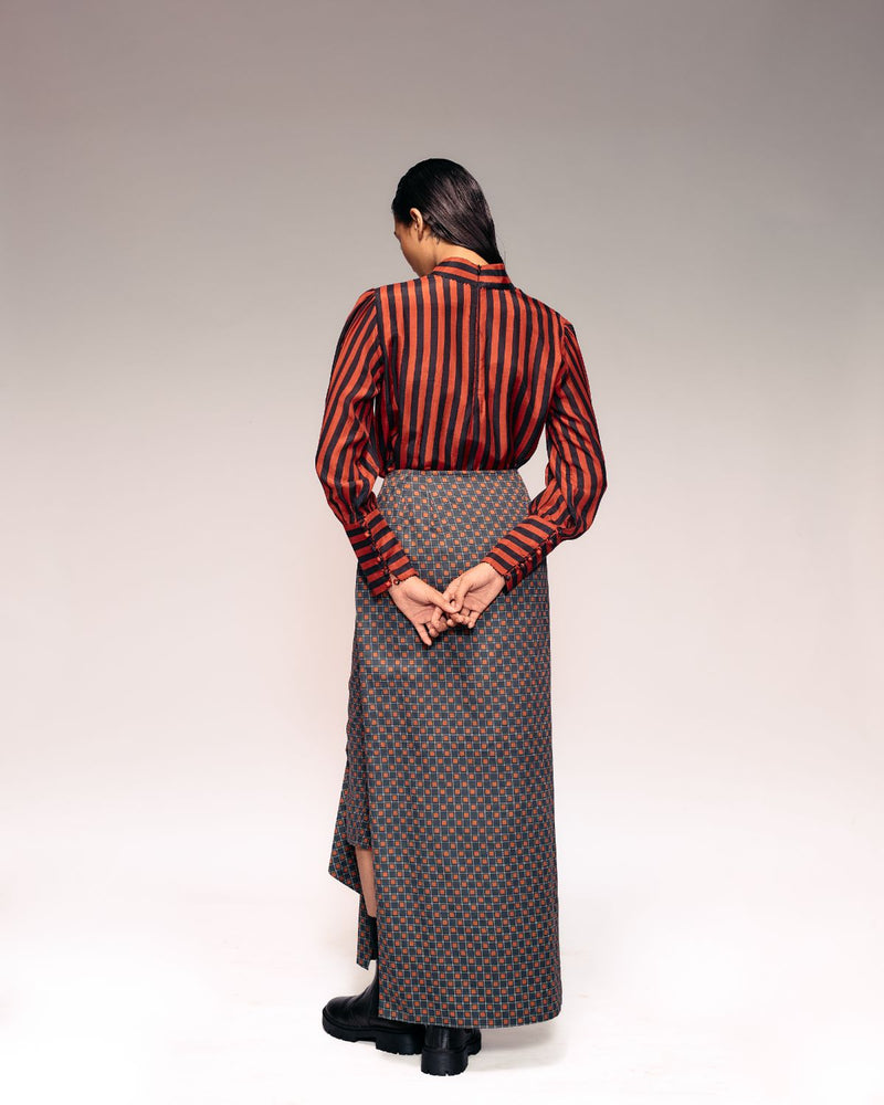 Rust Black Check Drape Skirt cotton by Kritika Murarka in rust color for women Worldwide