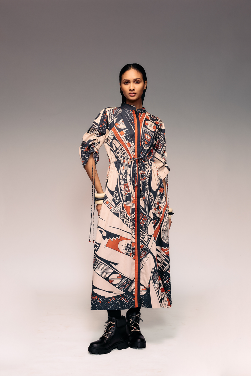 Rust Print Drawstring Dress cotton by Kritika Murarka in rust color for women Worldwide