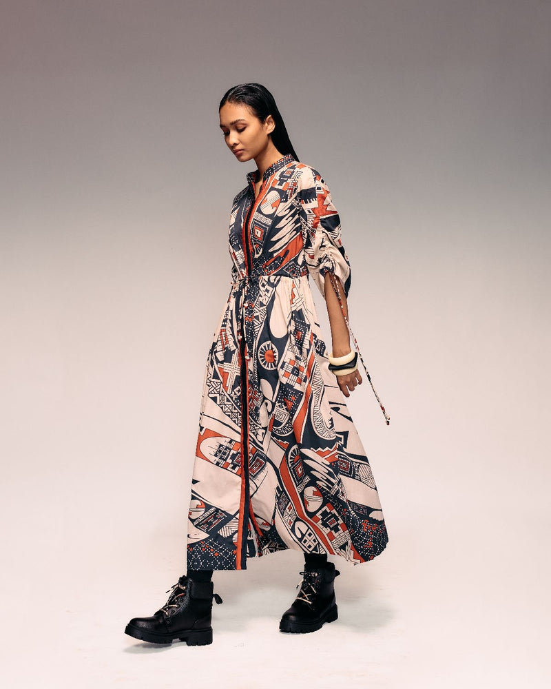 Rust Print Drawstring Dress cotton by Kritika Murarka in rust color for women Worldwide