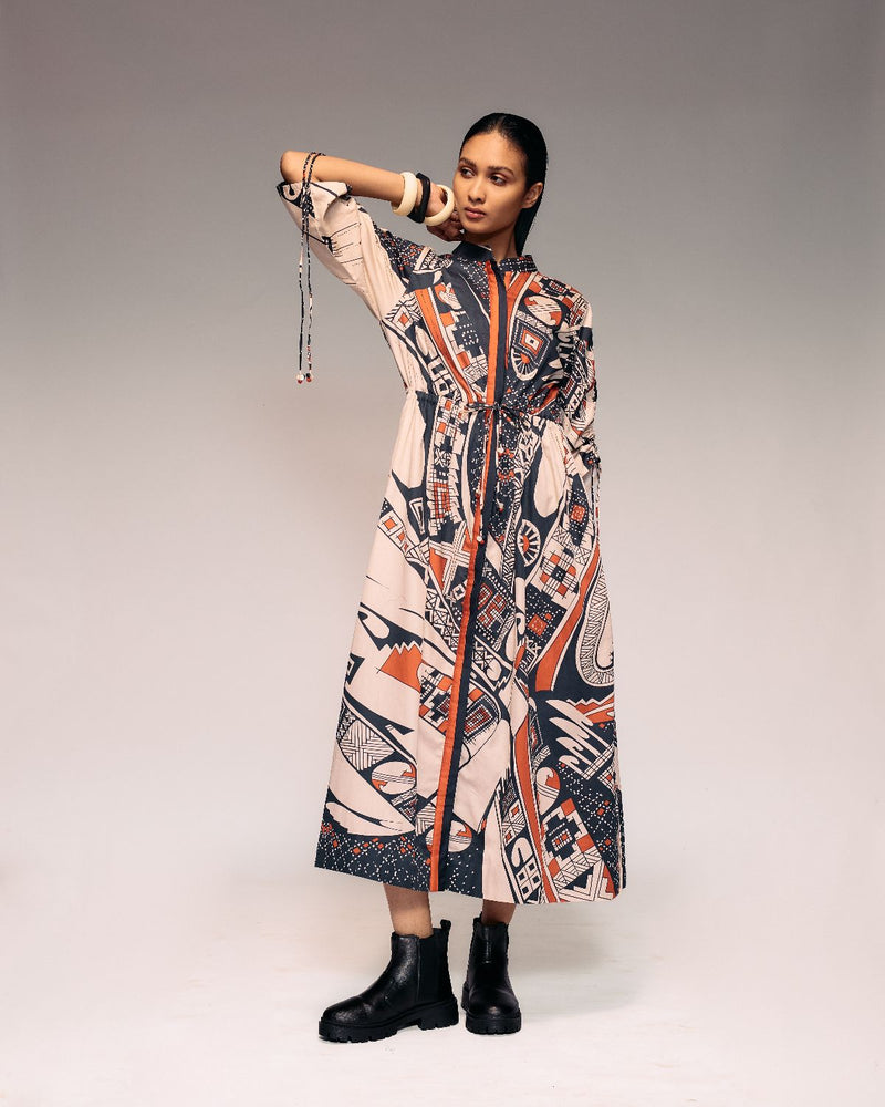 Rust Print Drawstring Dress cotton by Kritika Murarka in rust color for women Worldwide