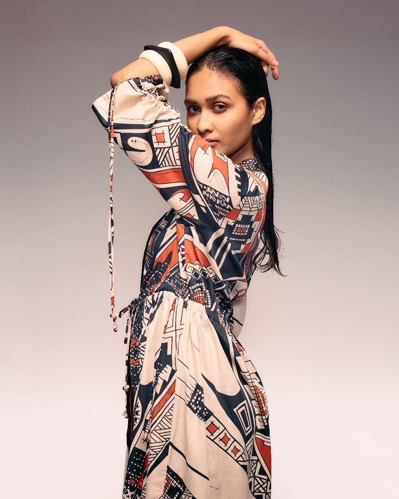 Rust Print Drawstring Dress cotton by Kritika Murarka in rust color for women Worldwide