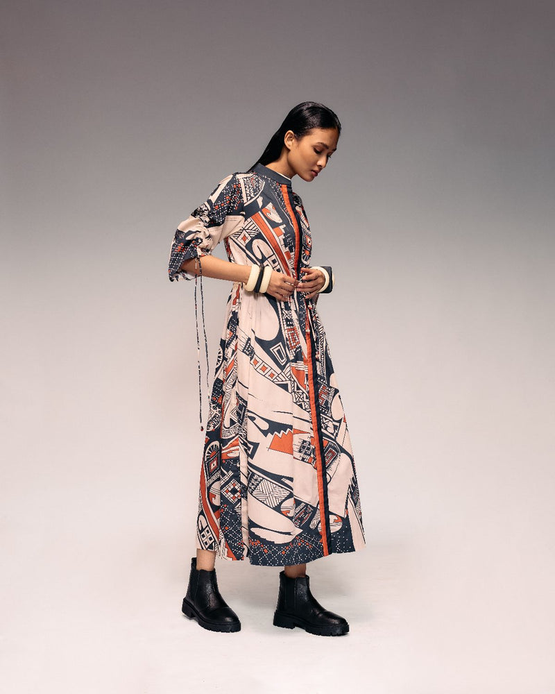 Rust Print Drawstring Dress cotton by Kritika Murarka in rust color for women Worldwide