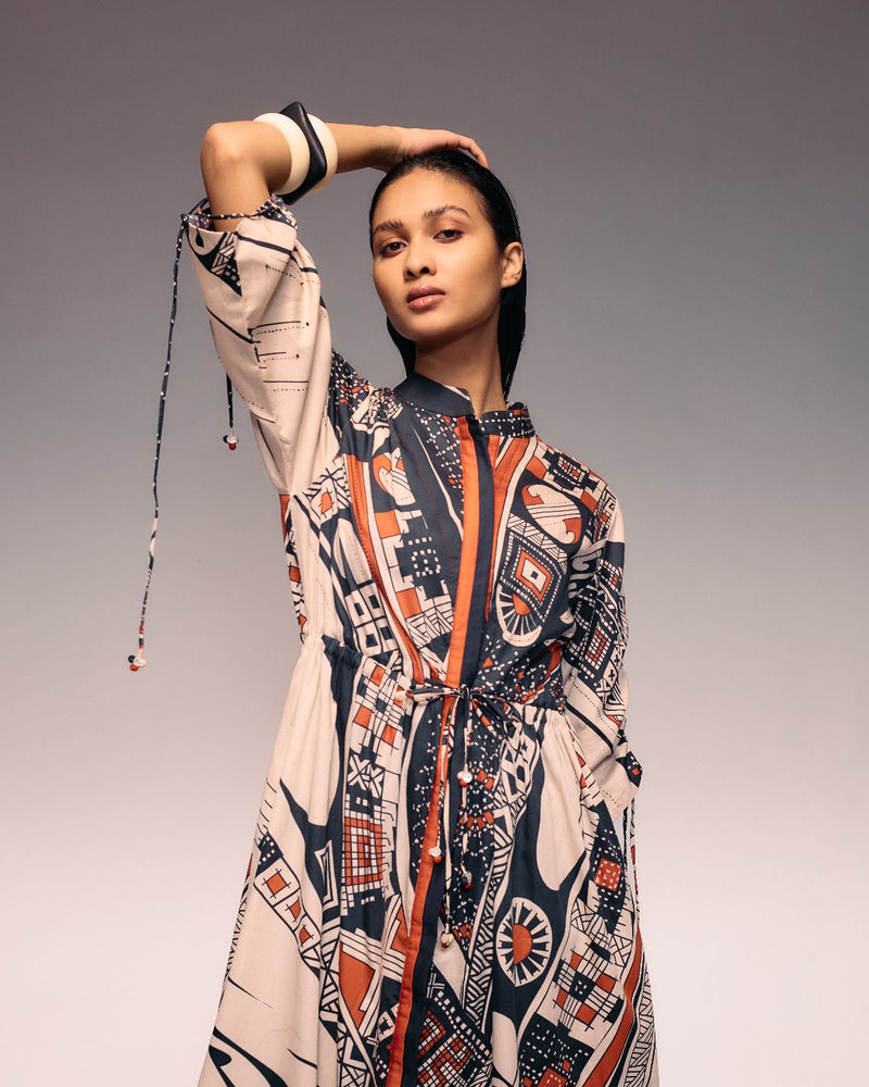 Rust Print Drawstring Dress cotton by Kritika Murarka in rust color for women Worldwide