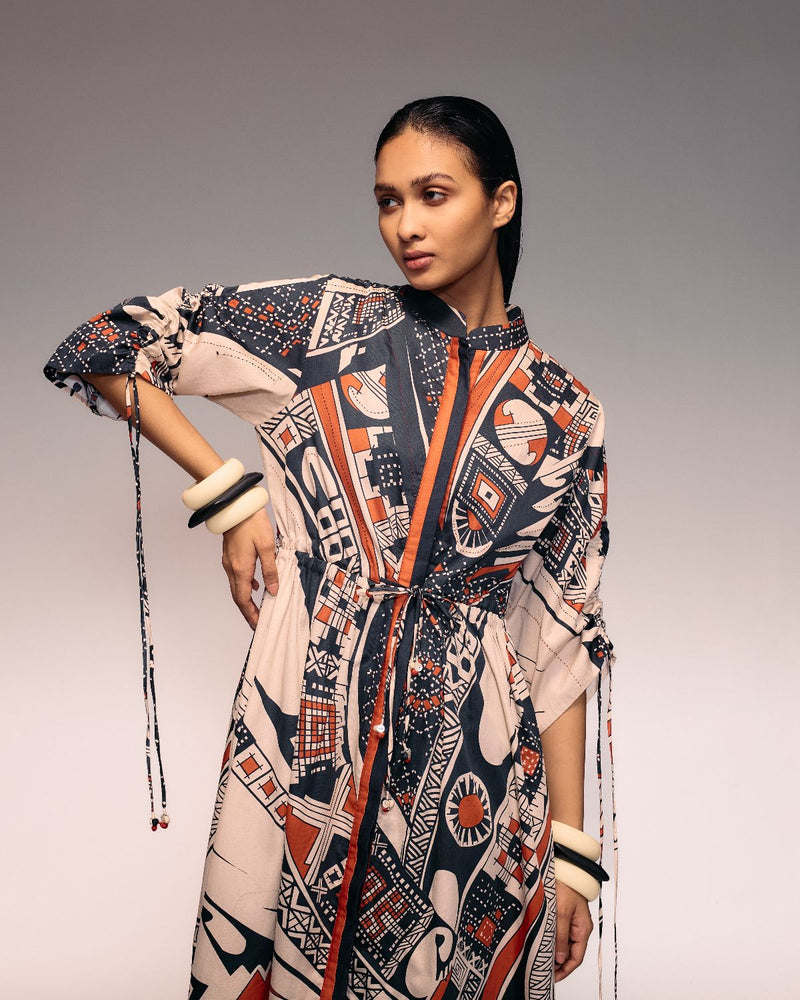 Rust Print Drawstring Dress cotton by Kritika Murarka in rust color for women Worldwide