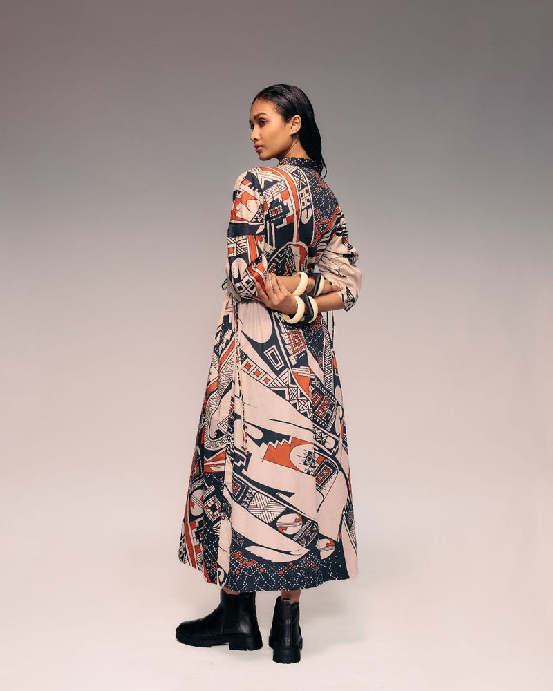 Rust Print Drawstring Dress cotton by Kritika Murarka in rust color for women Worldwide