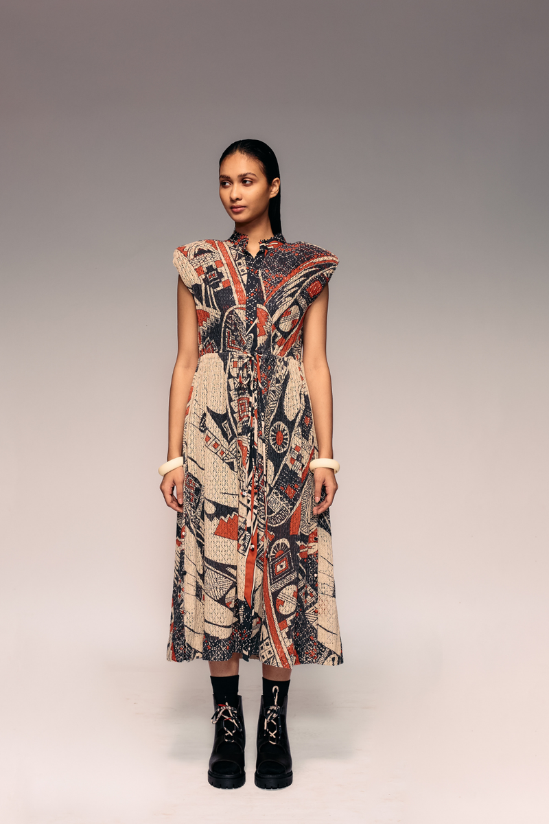 Rust Print Cotton Net Drawstring Dress + Inner cotton by Kritika Murarka in rust color for women Worldwide
