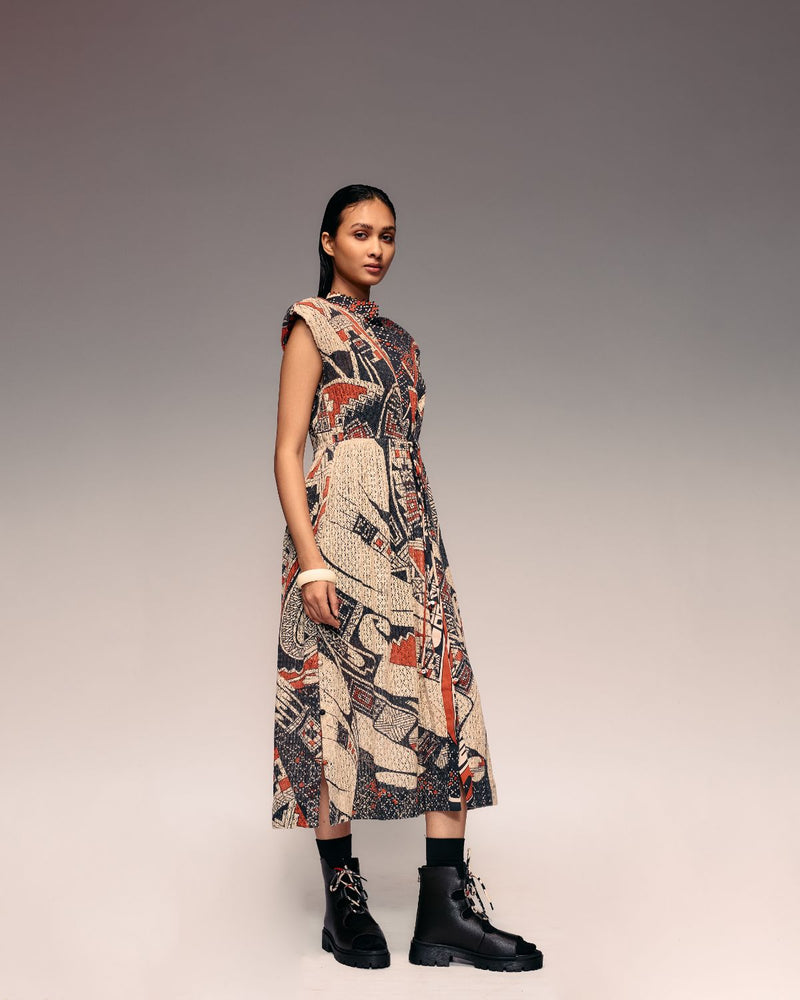 Rust Print Cotton Net Drawstring Dress + Inner cotton by Kritika Murarka in rust color for women Worldwide