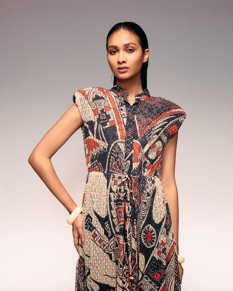 Rust Print Cotton Net Drawstring Dress + Inner cotton by Kritika Murarka in rust color for women Worldwide