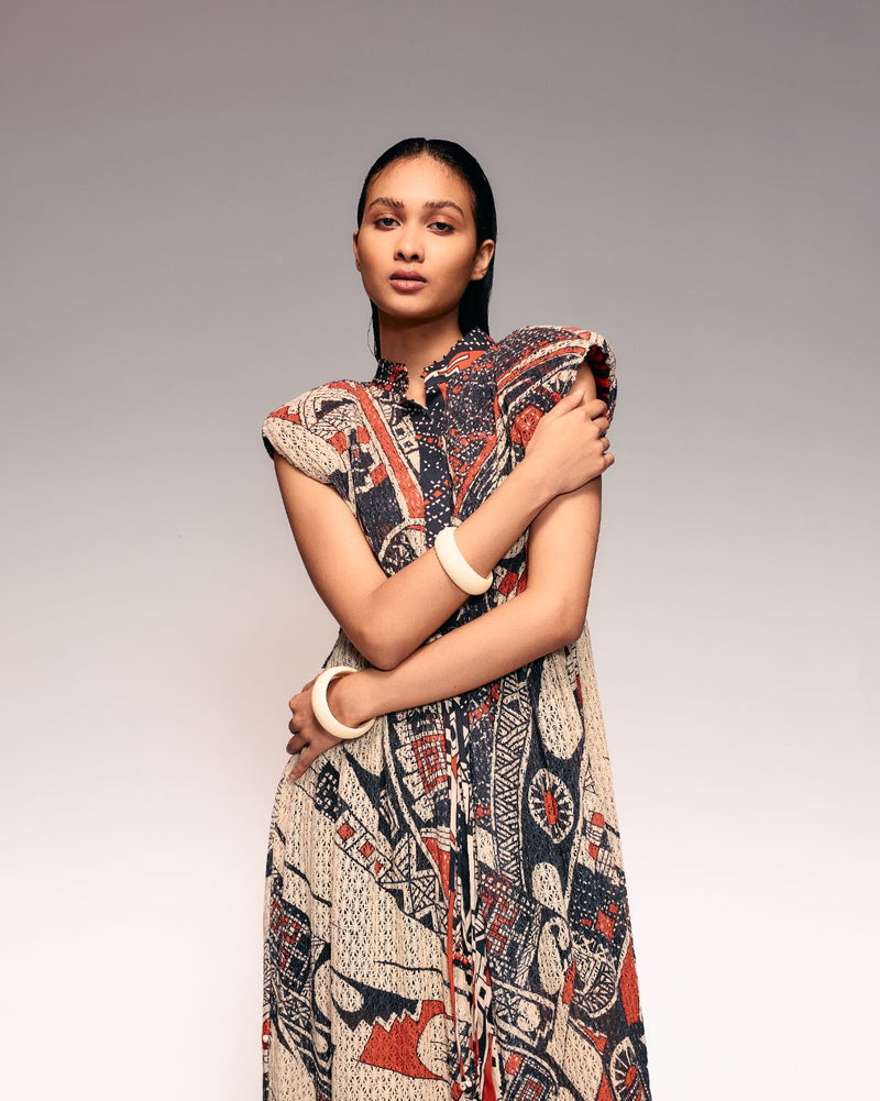 Rust Print Cotton Net Drawstring Dress + Inner cotton by Kritika Murarka in rust color for women Worldwide