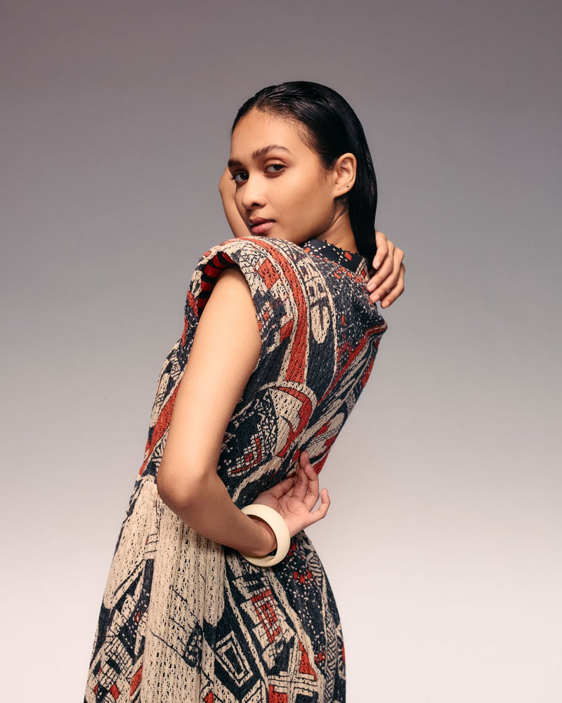 Rust Print Cotton Net Drawstring Dress + Inner cotton by Kritika Murarka in rust color for women Worldwide
