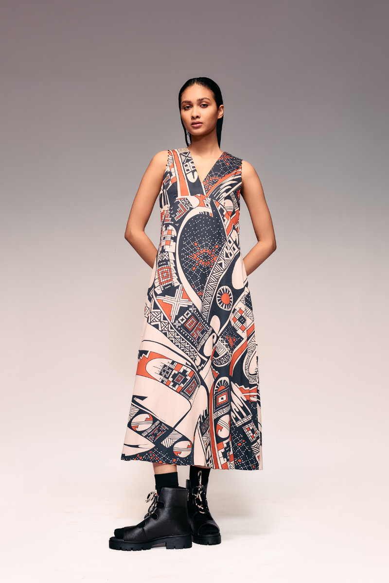 Rust Print V neck Midi Dress cotton by Kritika Murarka in rust color for women Worldwide