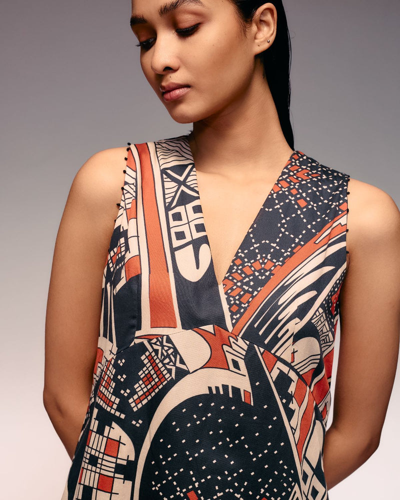 Rust Print V neck Midi Dress cotton by Kritika Murarka in rust color for women Worldwide