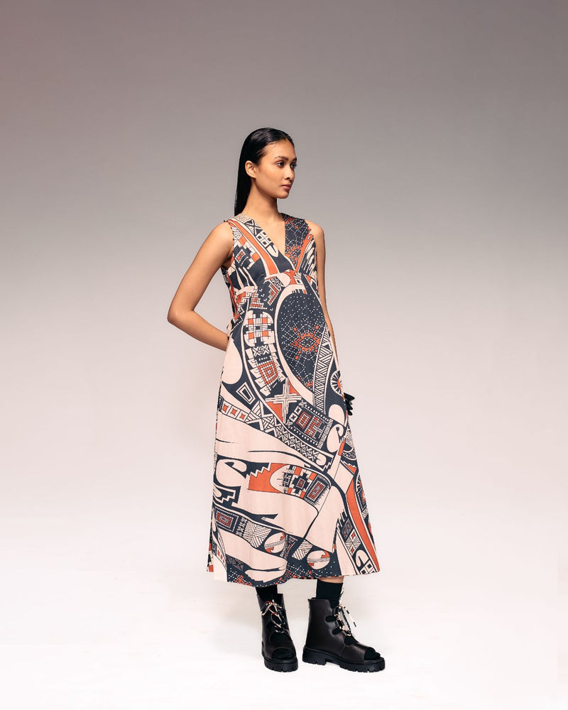 Rust Print V neck Midi Dress cotton by Kritika Murarka in rust color for women Worldwide