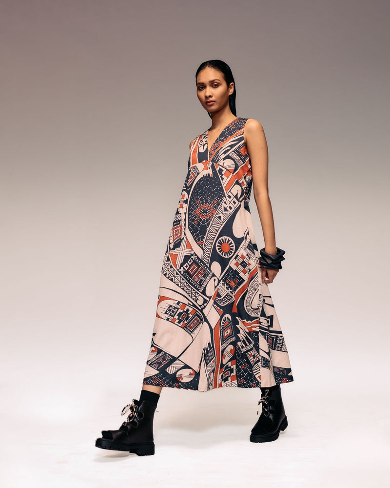 Rust Print V neck Midi Dress cotton by Kritika Murarka in rust color for women Worldwide