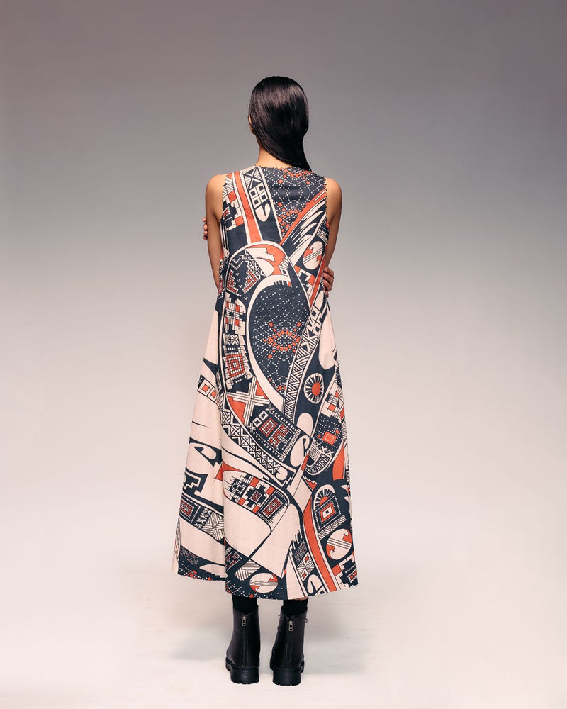 Rust Print V neck Midi Dress cotton by Kritika Murarka in rust color for women Worldwide