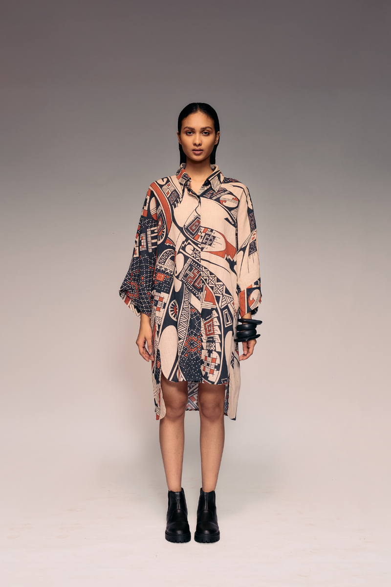 Rust Print Linen Shirt Dress cotton by Kritika Murarka in rust color for women Worldwide