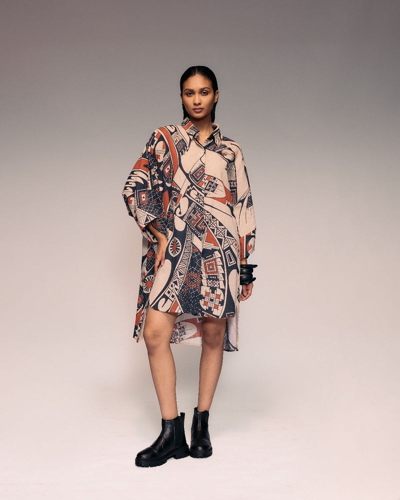 Rust Print Linen Shirt Dress cotton by Kritika Murarka in rust color for women Worldwide