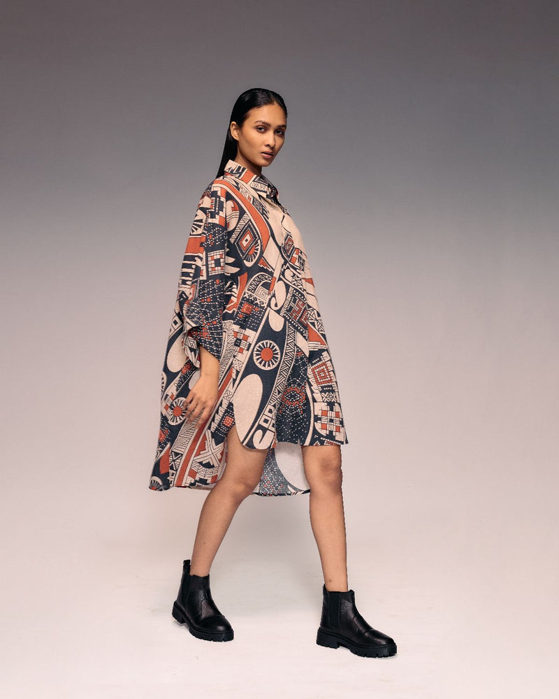 Rust Print Linen Shirt Dress cotton by Kritika Murarka in rust color for women Worldwide