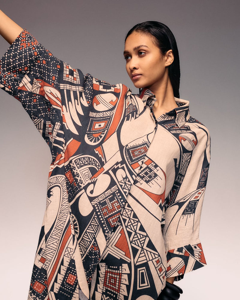 Rust Print Linen Shirt Dress cotton by Kritika Murarka in rust color for women Worldwide