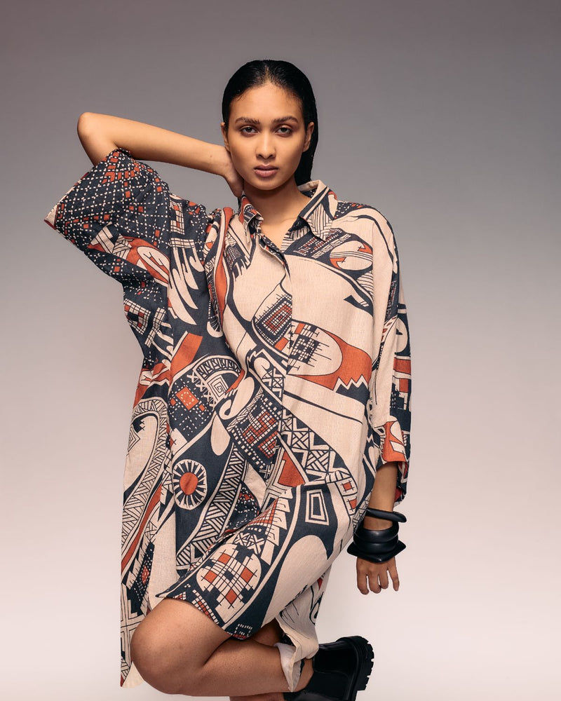 Rust Print Linen Shirt Dress cotton by Kritika Murarka in rust color for women Worldwide