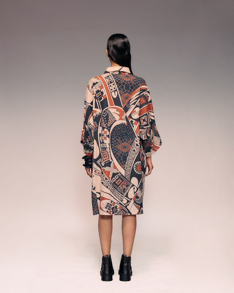 Rust Print Linen Shirt Dress cotton by Kritika Murarka in rust color for women Worldwide