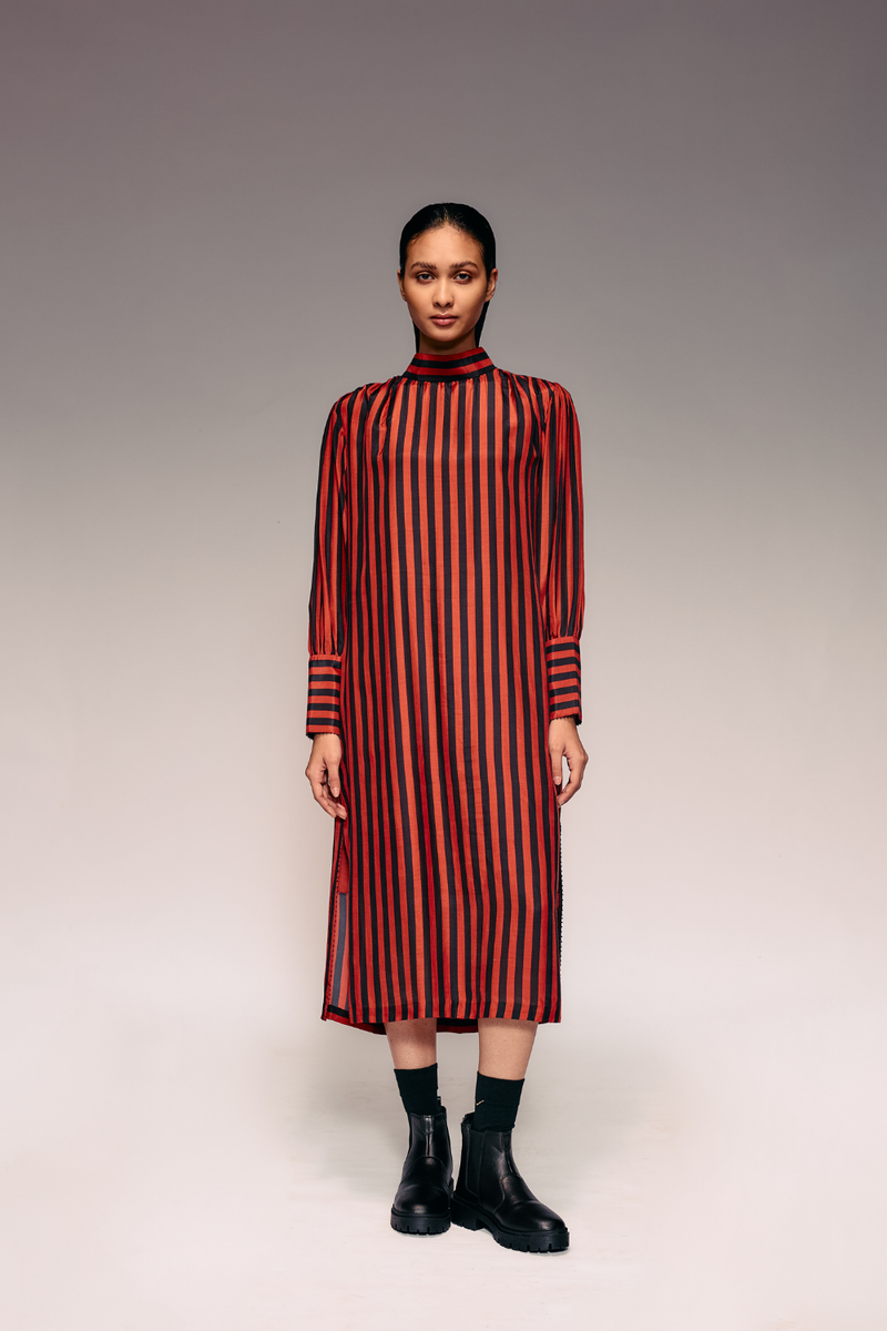 Rust Black Stripe Midi Dress silk by Kritika Murarka in rust color for women Worldwide