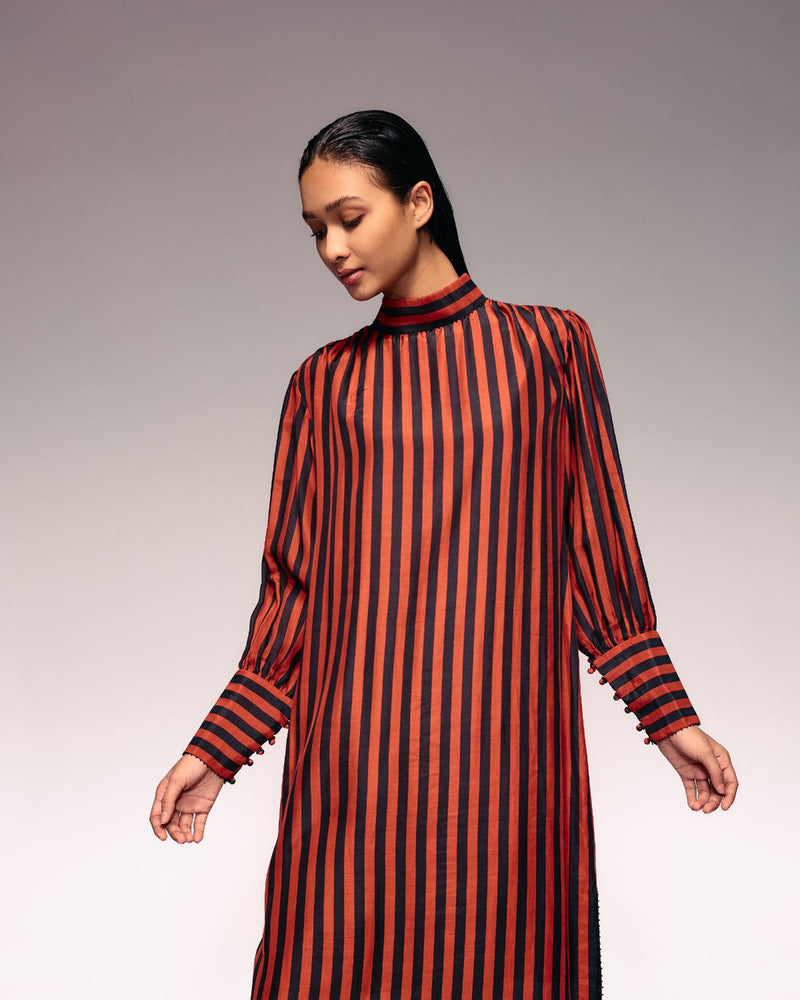 Rust Black Stripe Midi Dress silk by Kritika Murarka in rust color for women Worldwide